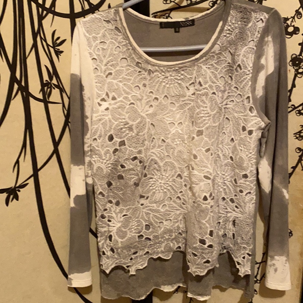 Ness Tie Dye Space Gray Layered Laced Sequined Top Blouse Tunic